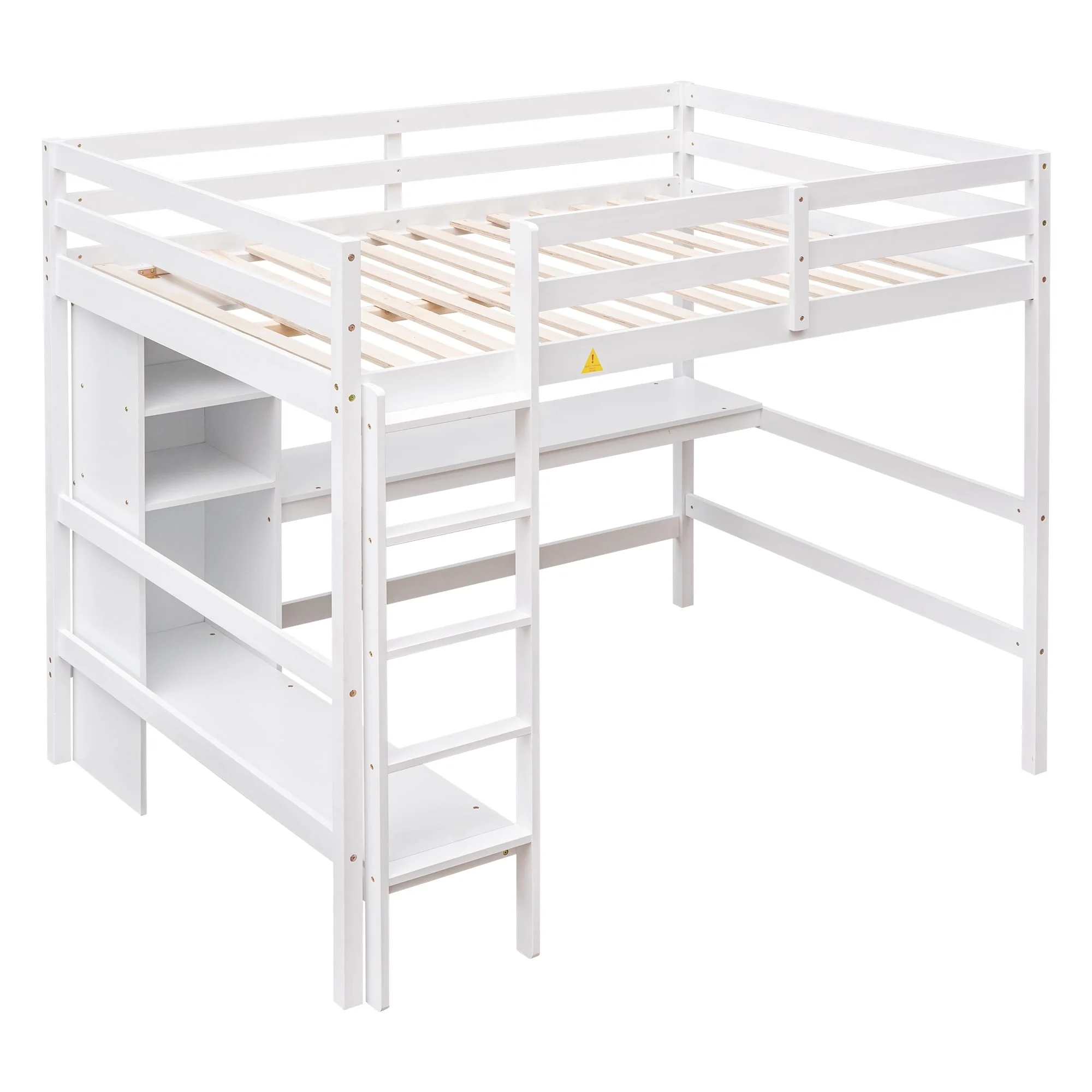 Euroco Full Size Loft Bed with Desk, Shelves and Bench for Kids Room, Solid Wood Bed with Relax Bench, White