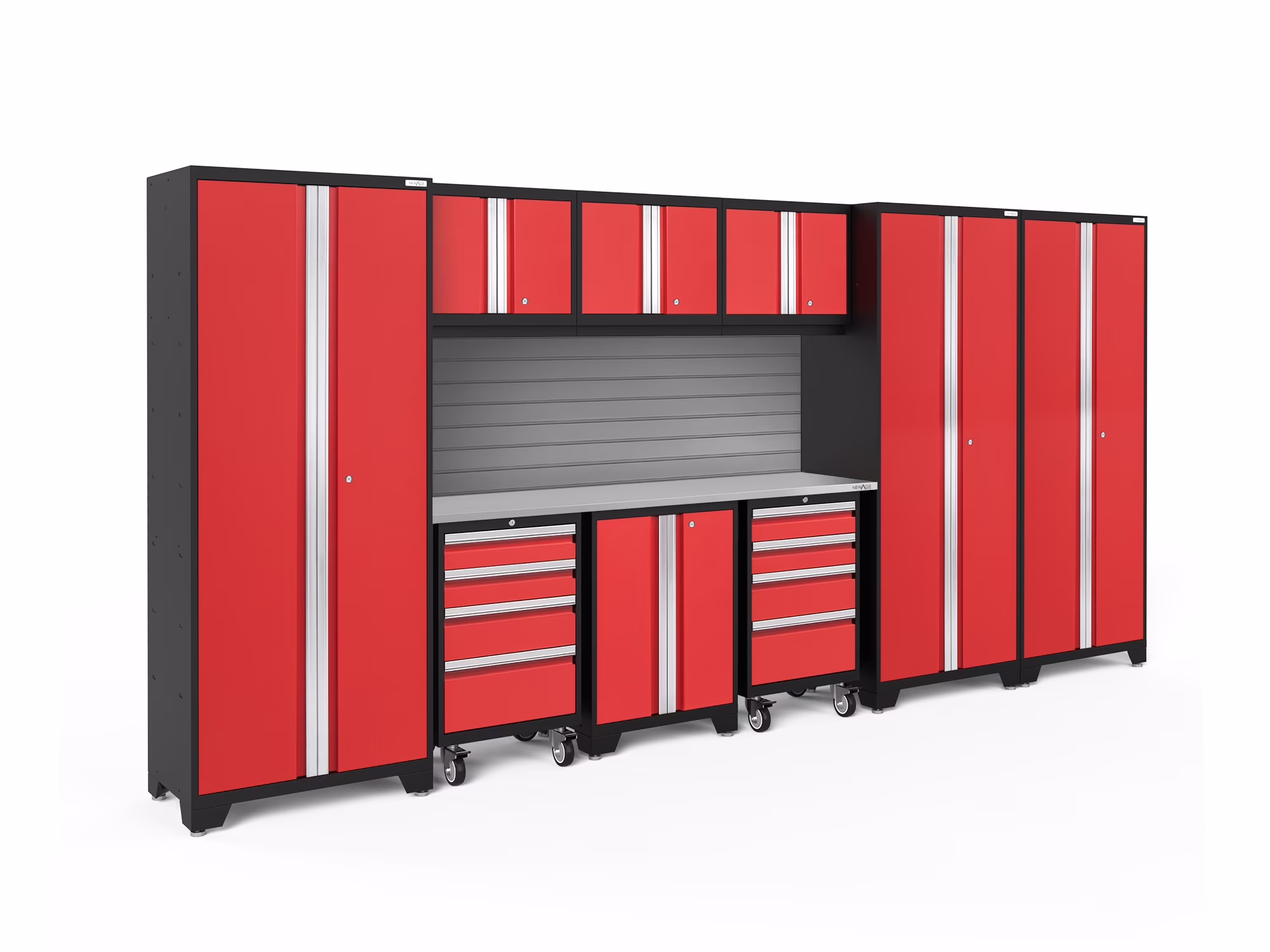 NewAge Products Bold Series Gray 10 Piece Cabinet Set, Heavy Duty 24-Gauge Steel Garage Storage System, Slatwall Included