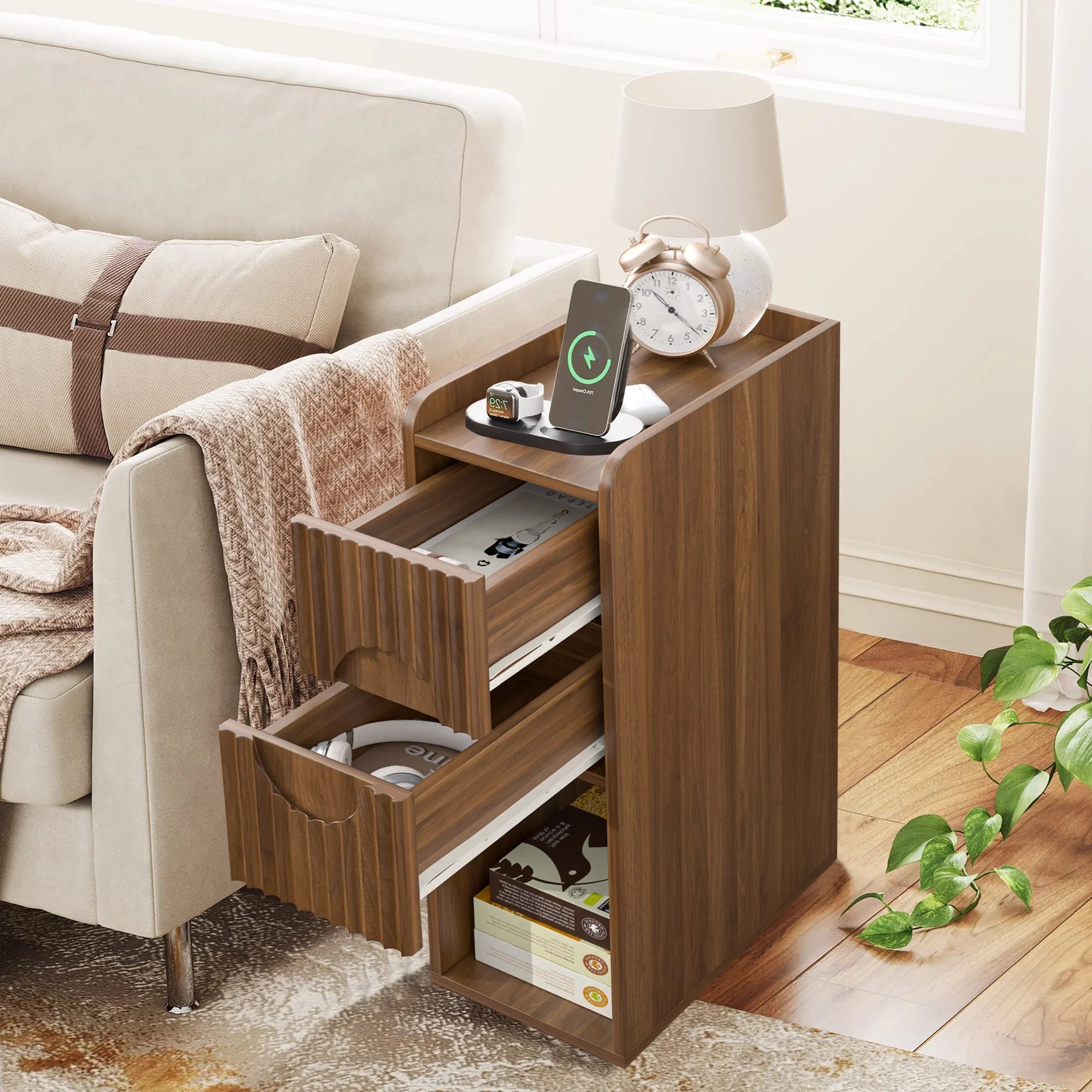 Narrow Nightstand Set of 2 with Drawers, Fluted Slim Side End Table with Storage for Small Spaces