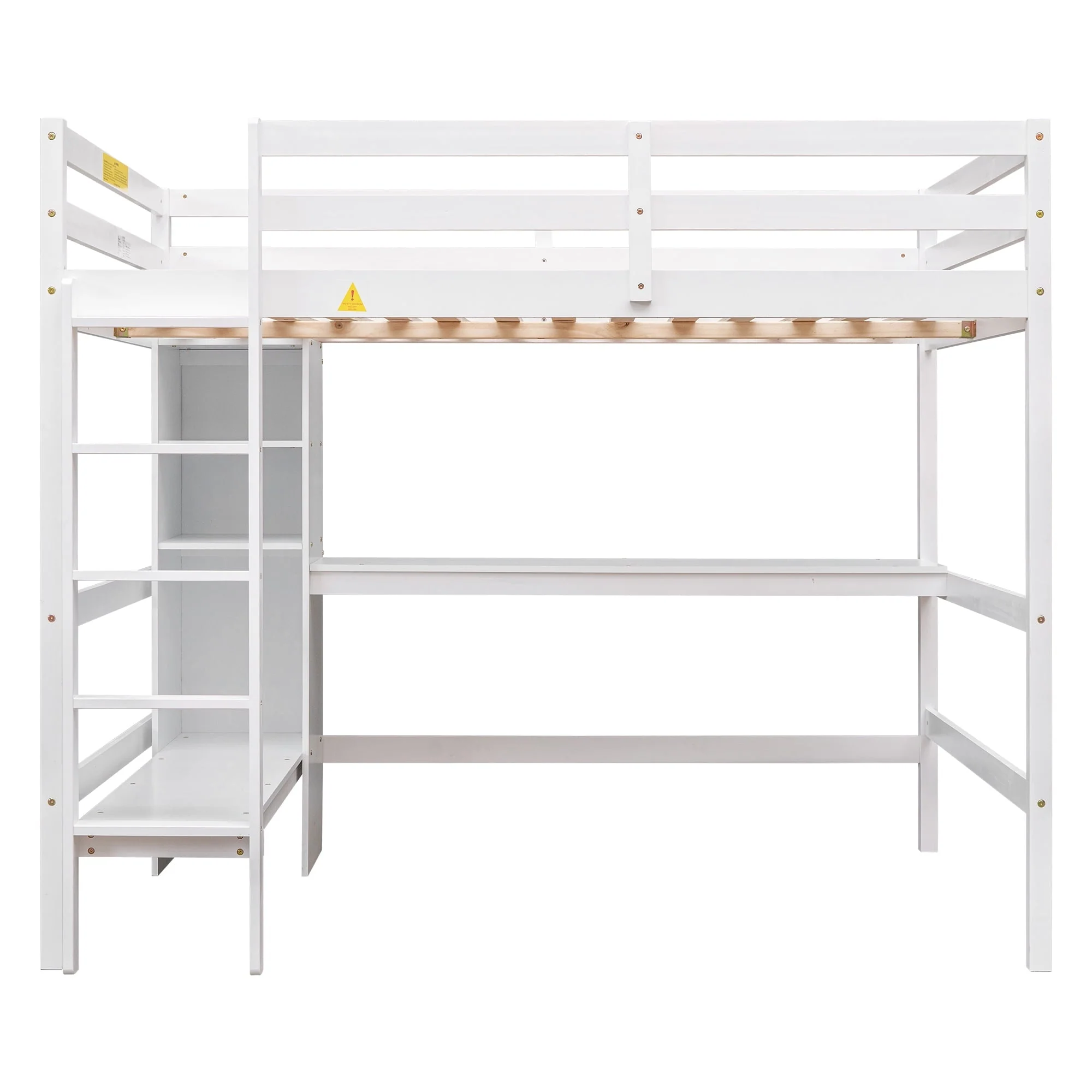 Euroco Full Size Loft Bed with Desk, Shelves and Bench for Kids Room, Solid Wood Bed with Relax Bench, White