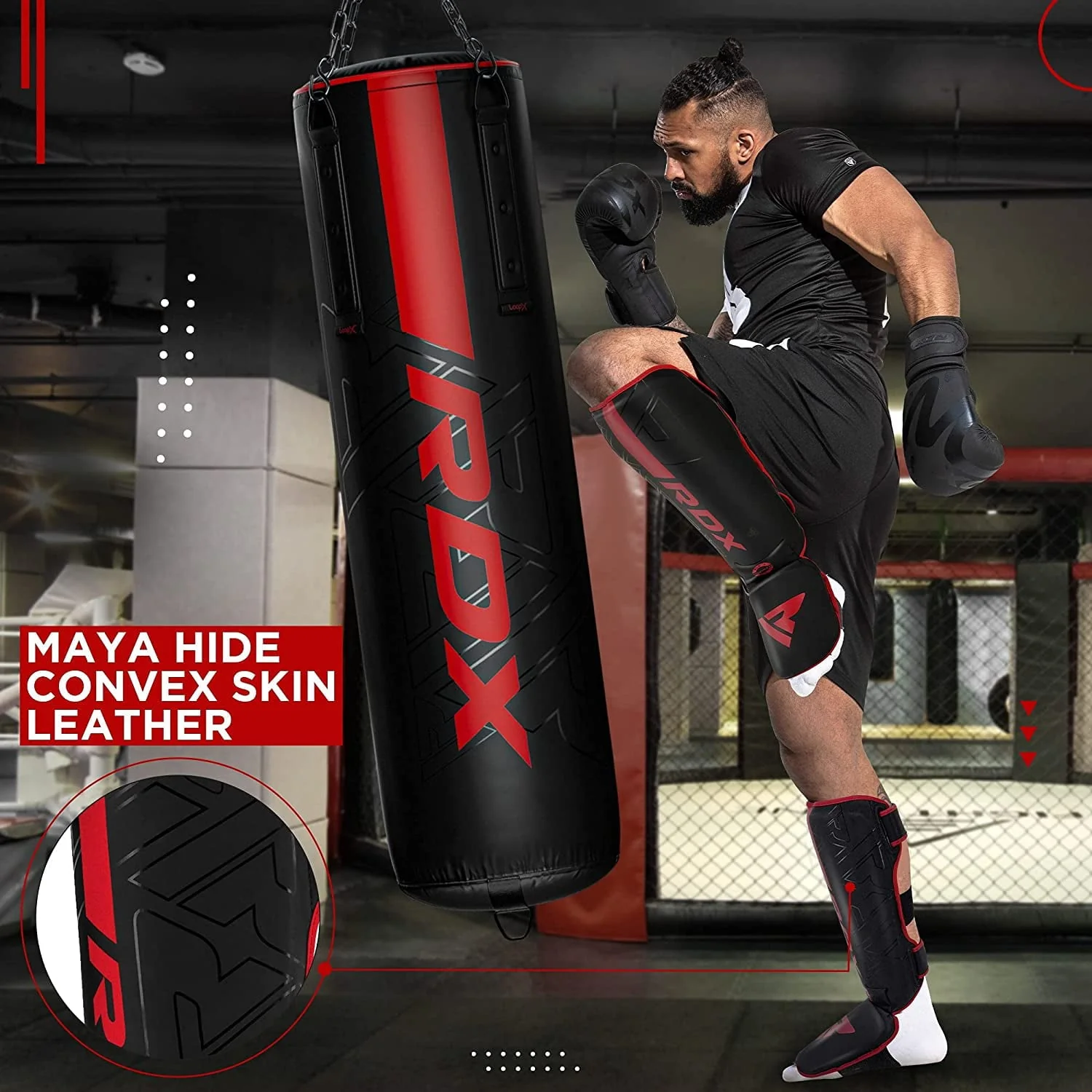 RDX Shin Guards for Kickboxing, Maya Hide Leather KARA Instep Foam Protection, Red