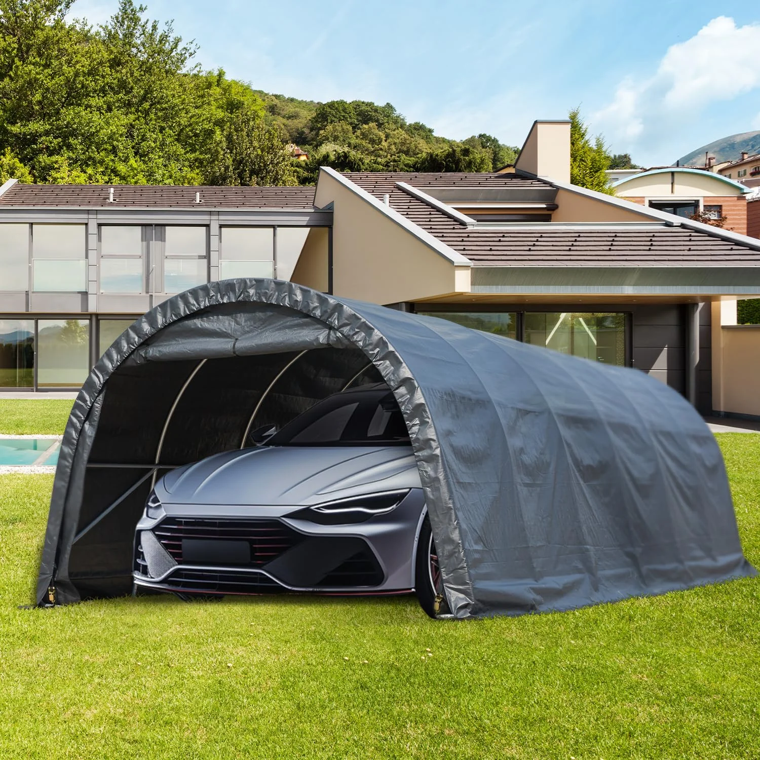 Erommy 12 x 24 FT Heavy Duty Carport, Outdoor Anti-Snow All Covered  Portable Garage with Reinforced All-Steel Frame for Car, Truck, Boat