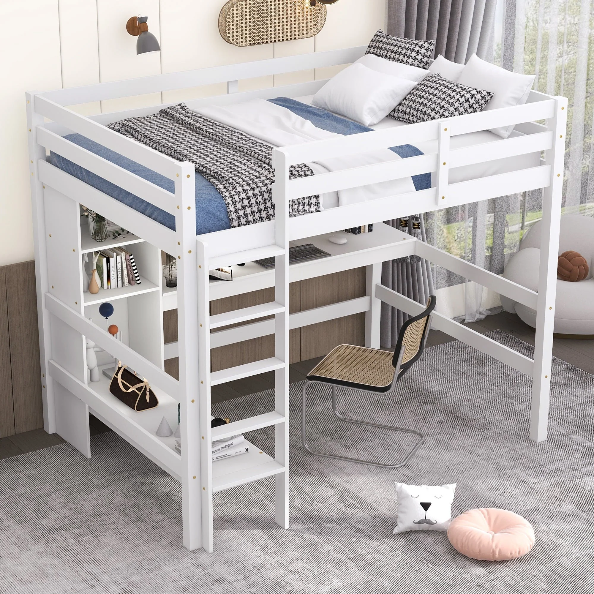 Euroco Full Size Loft Bed with Desk, Shelves and Bench for Kids Room, Solid Wood Bed with Relax Bench, White