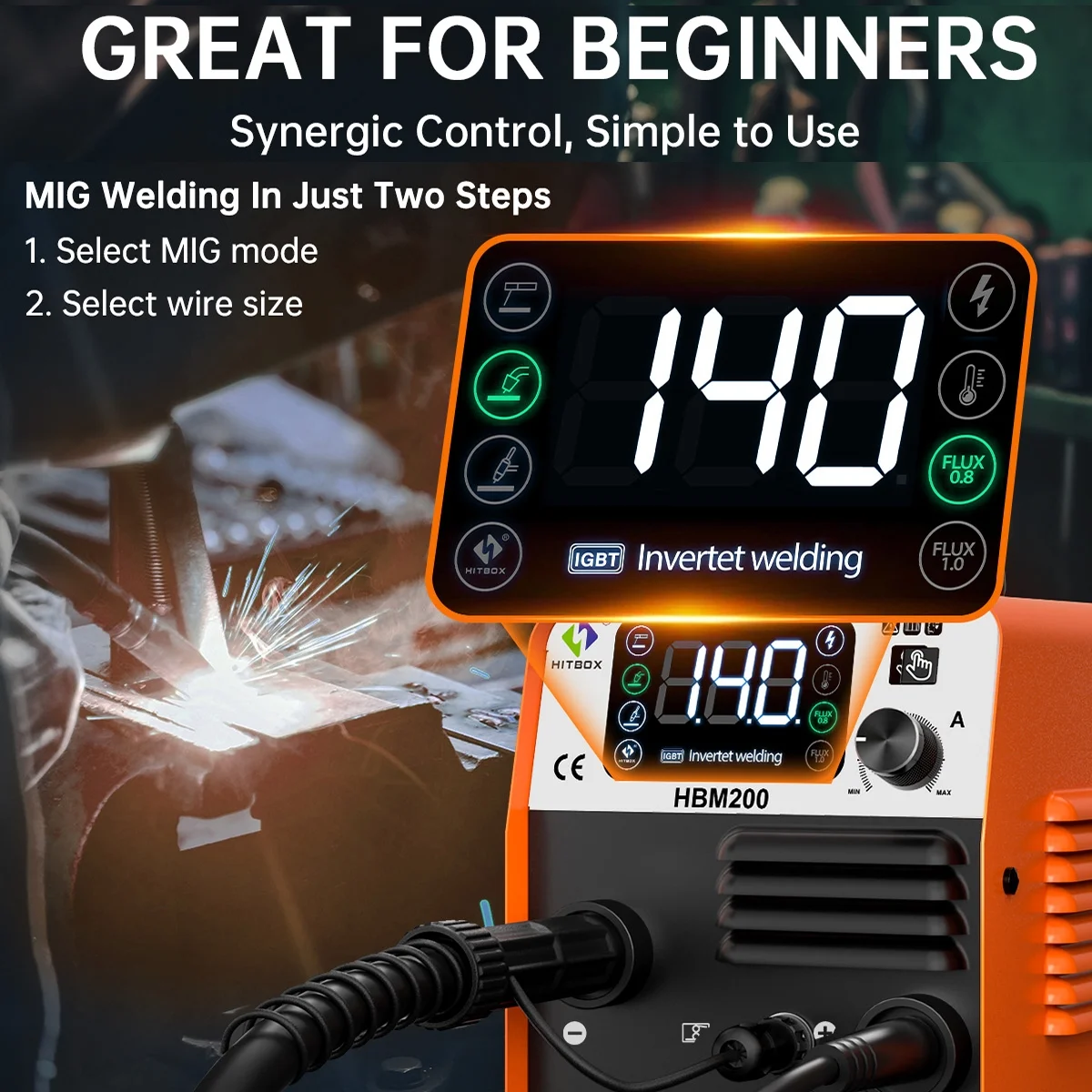 200Amp HBM200 MIG Welder 110V 2 in 1 Gasless Flux Core ARC/MMA IGBT Welding Machine