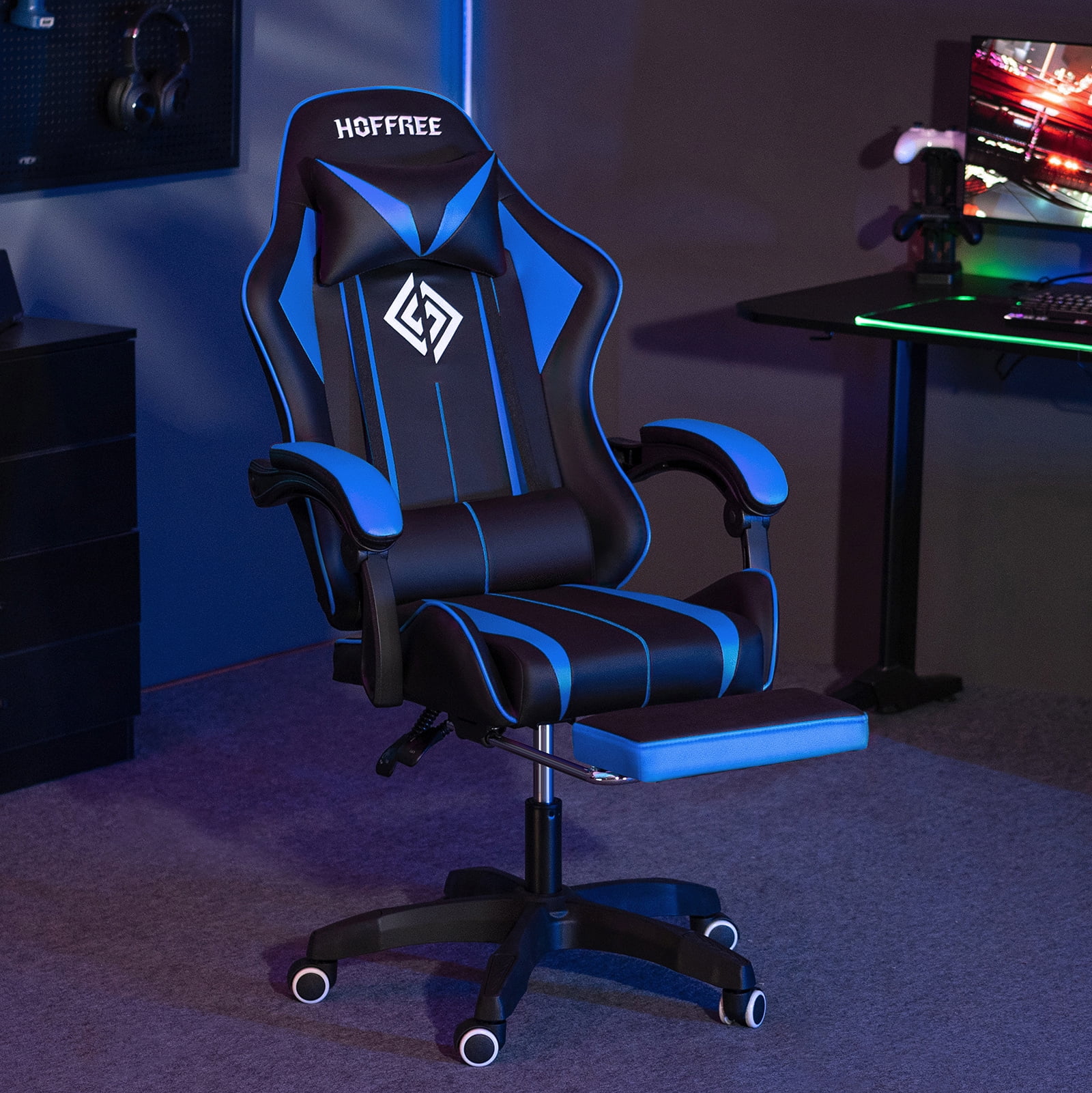 Hoffree Gaming Chair Massage Game Chair with Footrest and Massage Lumbar Support Ergonomic Computer Chair Height Adjustable with Swivel Seat and Headrest