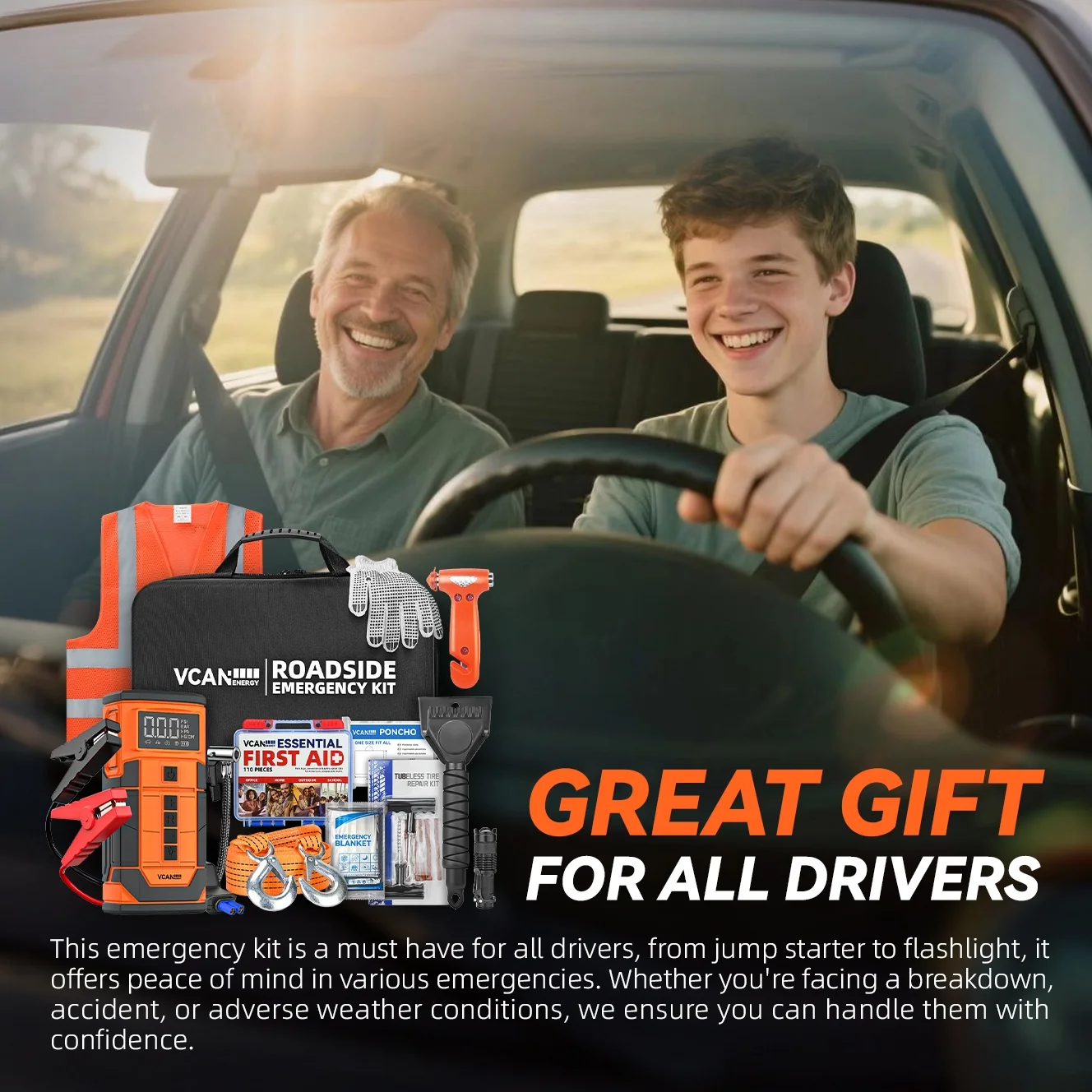 VCANENERGY 125-Piece Roadside Emergency Kit with Jump Starter & Air Compressor, 12V Portable Battery Booster and Tire Inflator for Cars, Trucks, SUVs