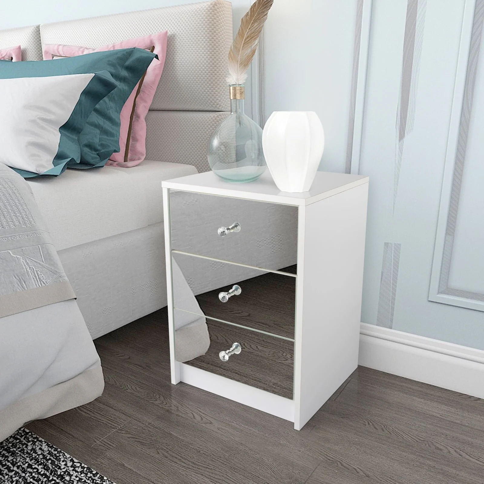 Ktaxon Mirrored Nightstand, End Table with 3-Drawer and Crystal Style Knobs, Modern Bedside Table for Bedroom, Living Room,White