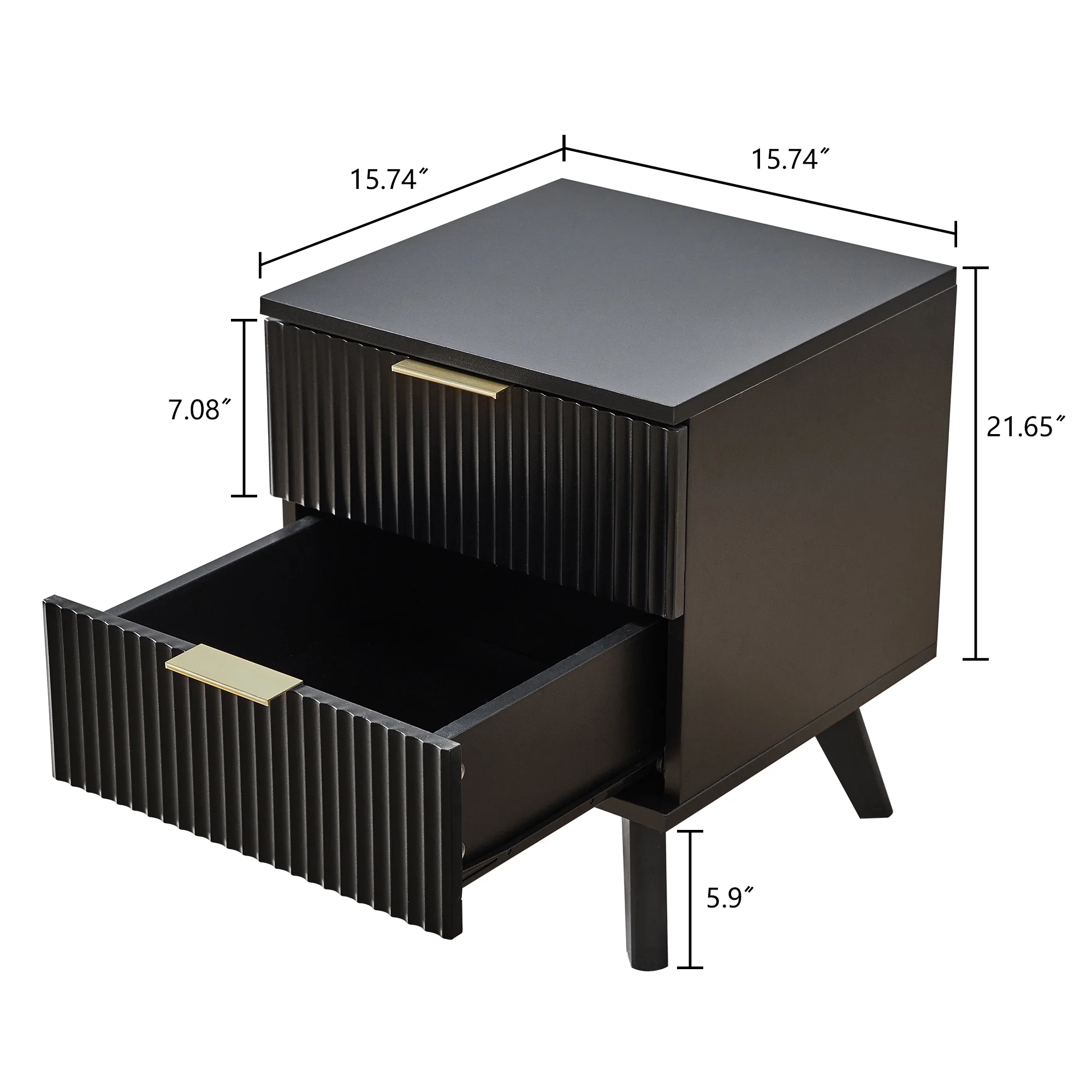 YOCWO Fluted Nightstand for Bedroom Set of 2 , Wood Bedside Table Set of 2 with Drawers, Black