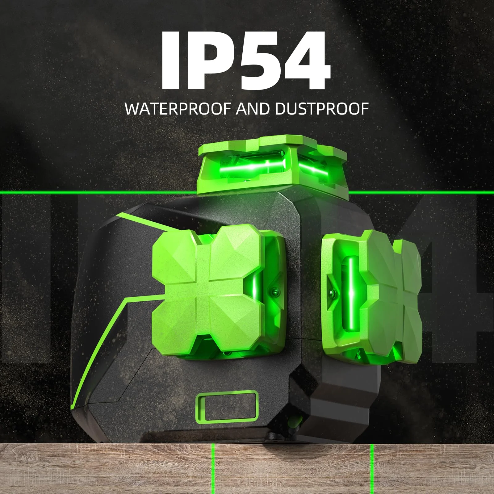 Huepar 3 x 360 Degree Cross Line Laser Level 3D Self-leveling Tiling Floor Green Beam Laser Leveler Tools with Li-ion Battery & Pivoting Base S03DG-L