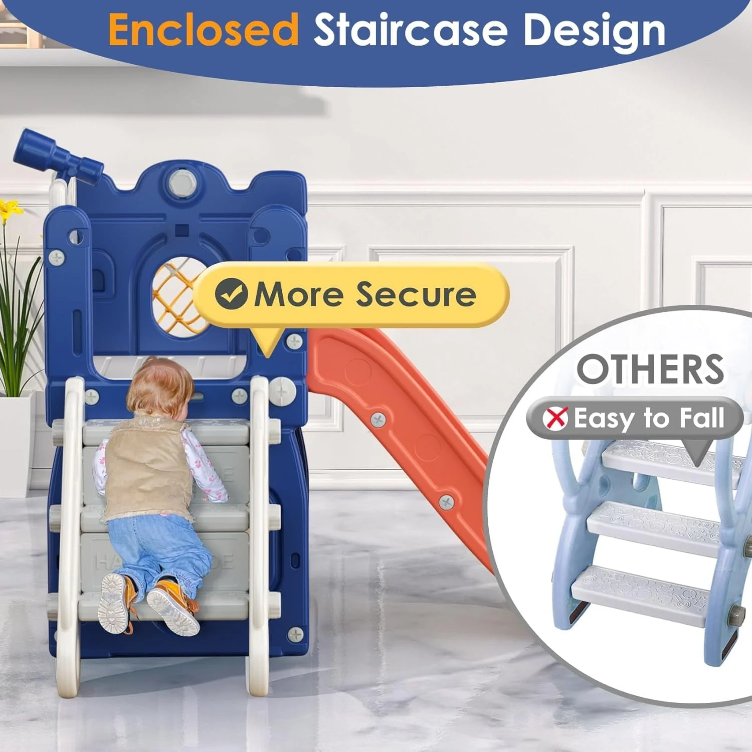 Suteck 7 in 1 Toddler Slide, L-Shaped Kids Slide for Toddlers Age 1+ with Basketball Hoop and Ball, Ring Toss, Storage Space