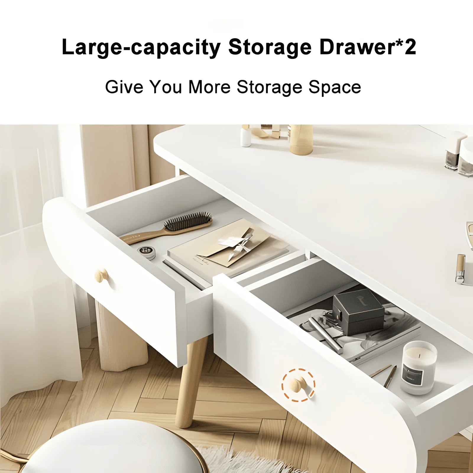 MIKOO Vanity Table Set with Mirror, Modern Makeup Vanity Dressing Desk with 2 Drawers & 2 Shelves ,White (Without Stool)