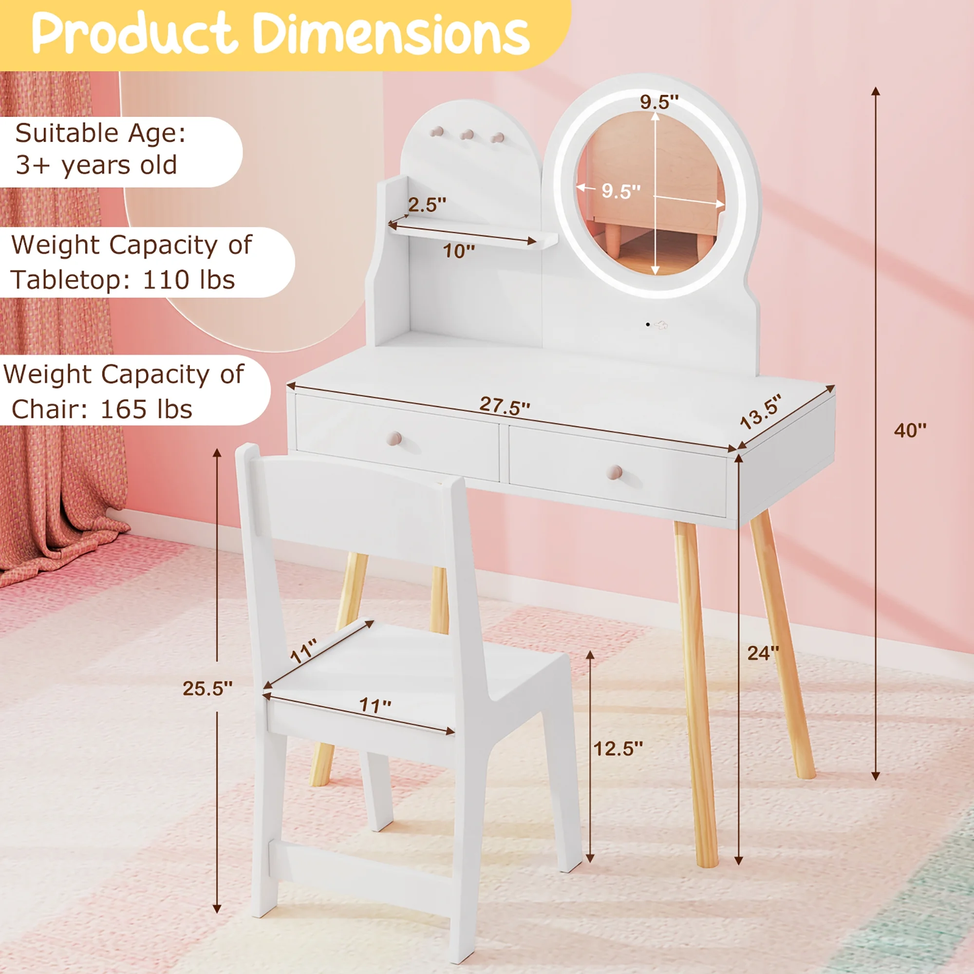 Gymax Kids Vanity Set w/ Lighted Mirror Princess Makeup Dressing Desk & Chair Set White