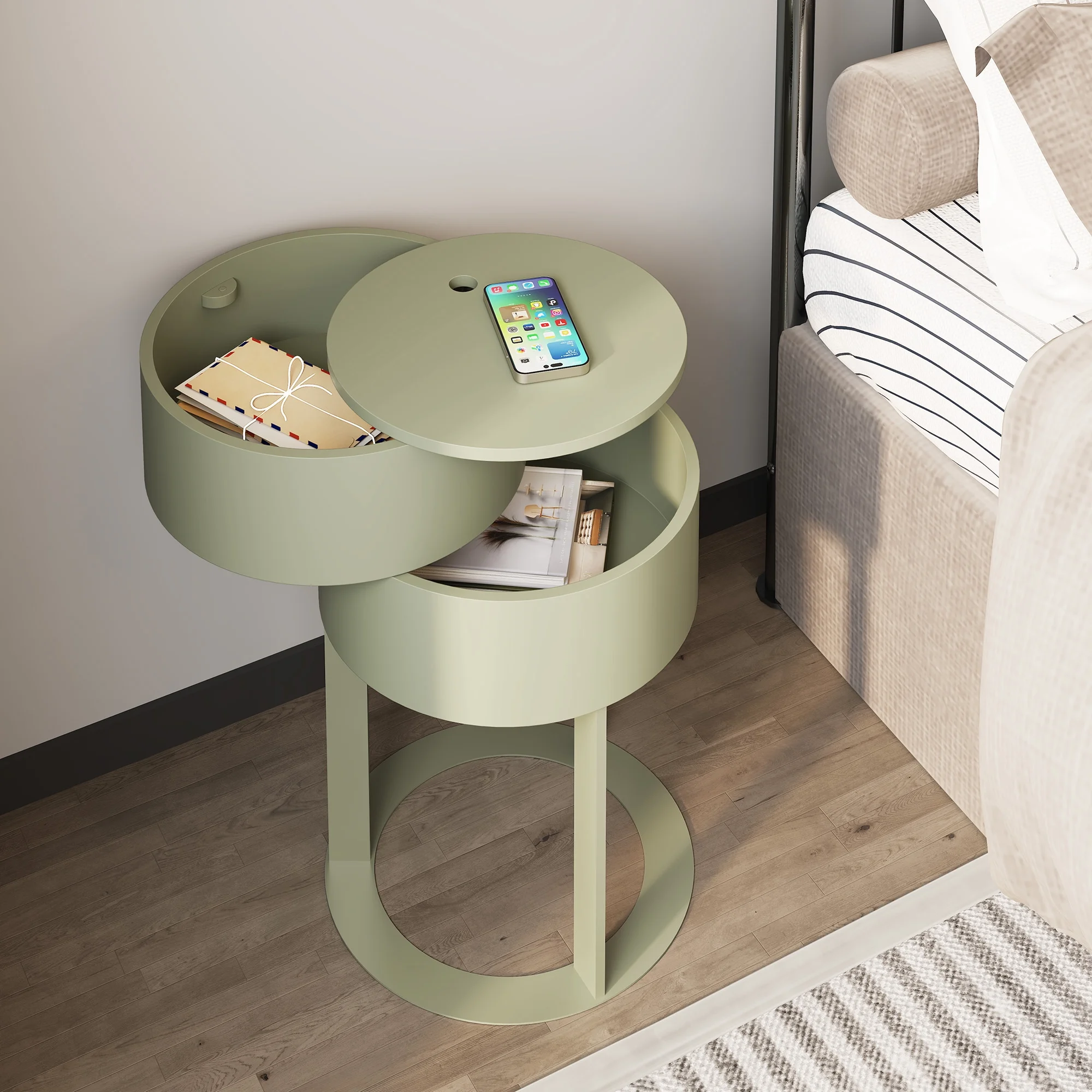 HLR Modern Round Wood Nightstand with Drawer, 2-Tier End Table for Living Room, Bedroom, Black