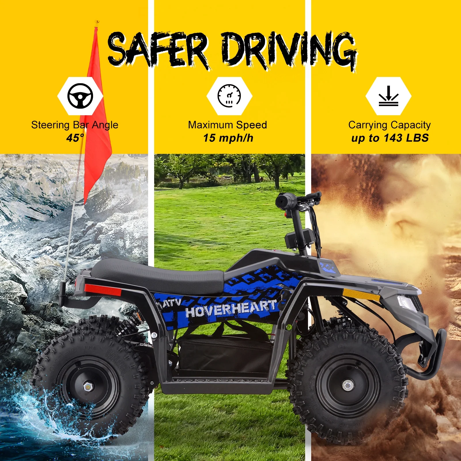 HOVER HEART Electric Dirt Quad, 36V 500W 4-Wheeler, Dual Suspensions, Age 13+