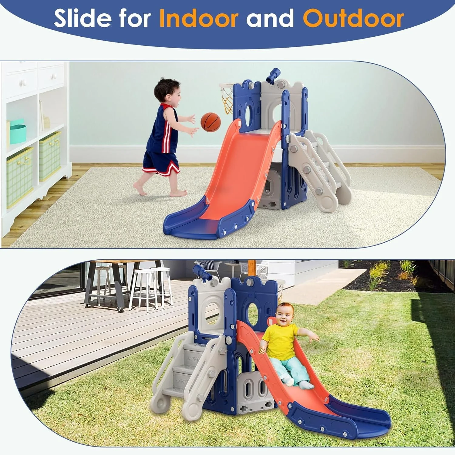Suteck 7 in 1 Toddler Slide, L-Shaped Kids Slide for Toddlers Age 1+ with Basketball Hoop and Ball, Ring Toss, Storage Space
