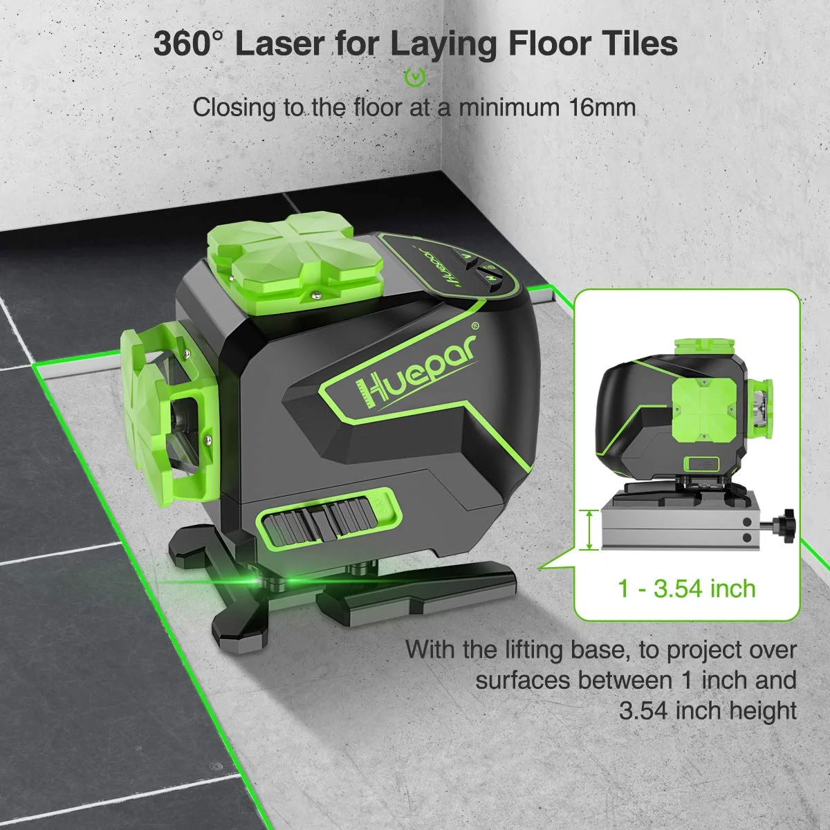 Huepar 3 x 360 Degree Cross Line Laser Level 3D Self-leveling Tiling Floor Green Beam Laser Leveler Tools with Li-ion Battery & Pivoting Base S03DG-L