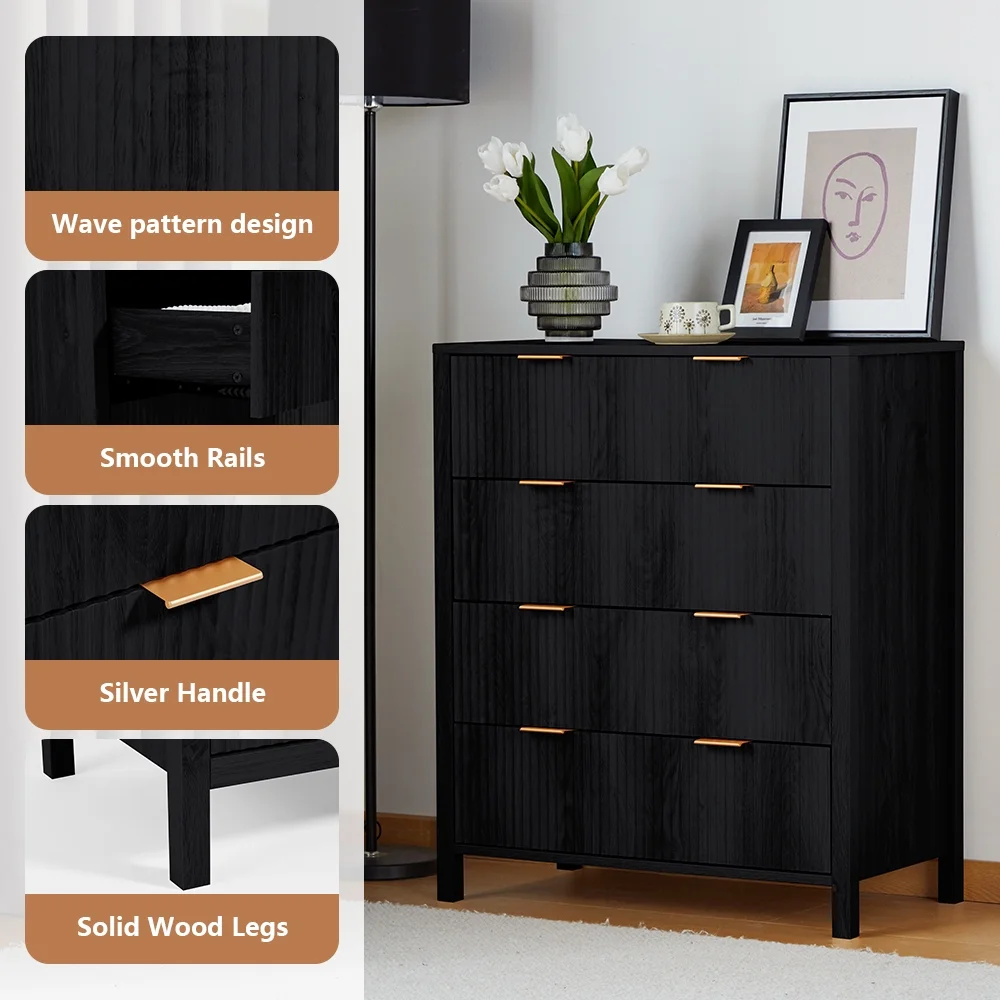 YOCWO Fluted Nightstand for Bedroom Set of 2 , Wood Bedside Table Set of 2 with Drawers, Black