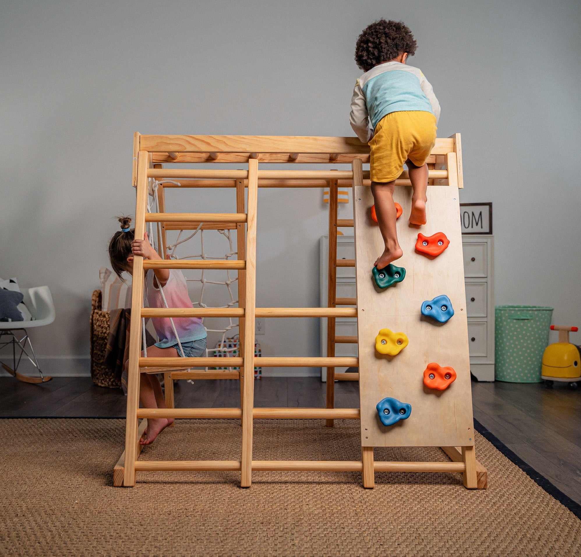 Avenlur Indoor Toddler and Child Indoor Gym Playground Climber - Real Wooden Playset 6-in-1 Slide, Rock Climb Wall, Rope Wall Climbing, Monkey Bars, Swing, Ladder Fun Gym for Children