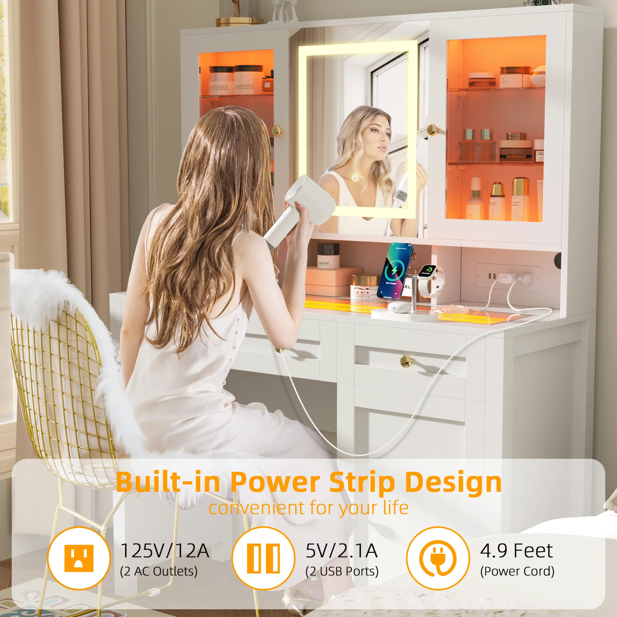 Semoic White Makeup Vanity Desk with LED Mirror and RGB Lights and Power Outlet, Morden Glass Top Vanity Table with Drawer & Storage Cabinet & Adjustable Shelves, Large Dressing Table for Bedroom