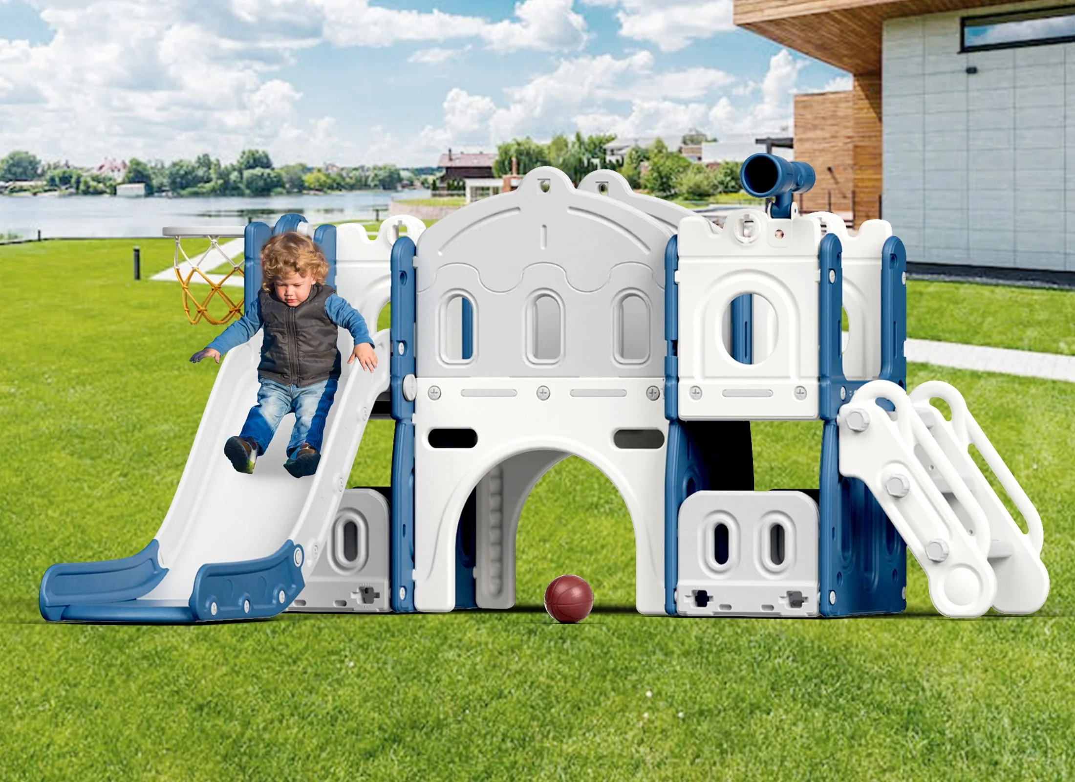 KORIMEFA 8 in 1 Kids Slide Set with Climber, Toddler Climber Slide Play Set with Basketball Hoop, Tunnel, Toddler Playground Outdoor Indoor layground Slide Playset Age 1+