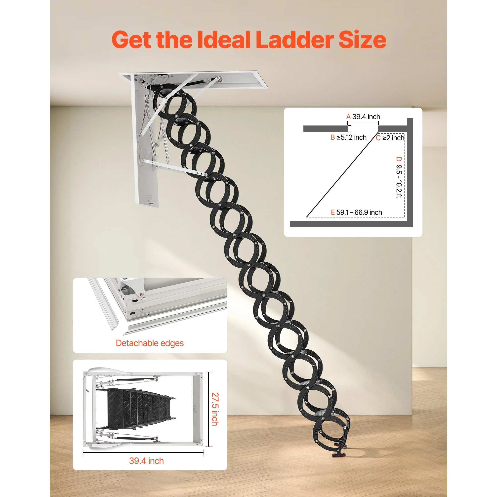 KFFKFF Retractable Attic Ladder, 660 lbs Capacity, Compatible with 9.5-10.2 ft Ceiling Heights and 39.4 x 27.5 inch Openings, Alloy Steel Pull-Down Ceiling Stair with Pulling Rod for Loft Access