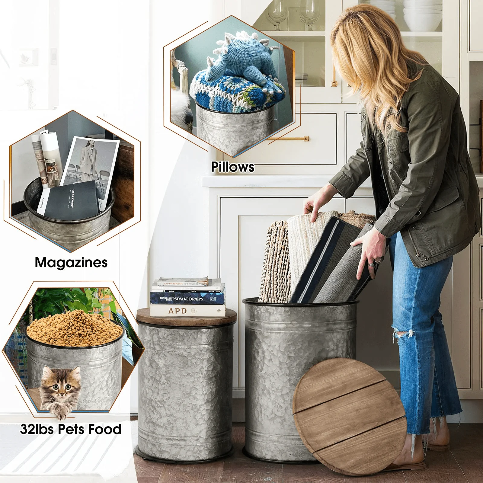 Oneinmil Set of 2 Modern Farmhouse Coffee End Table, with Large Storage Space, End Bench for Living Room, Bedroom, Gray