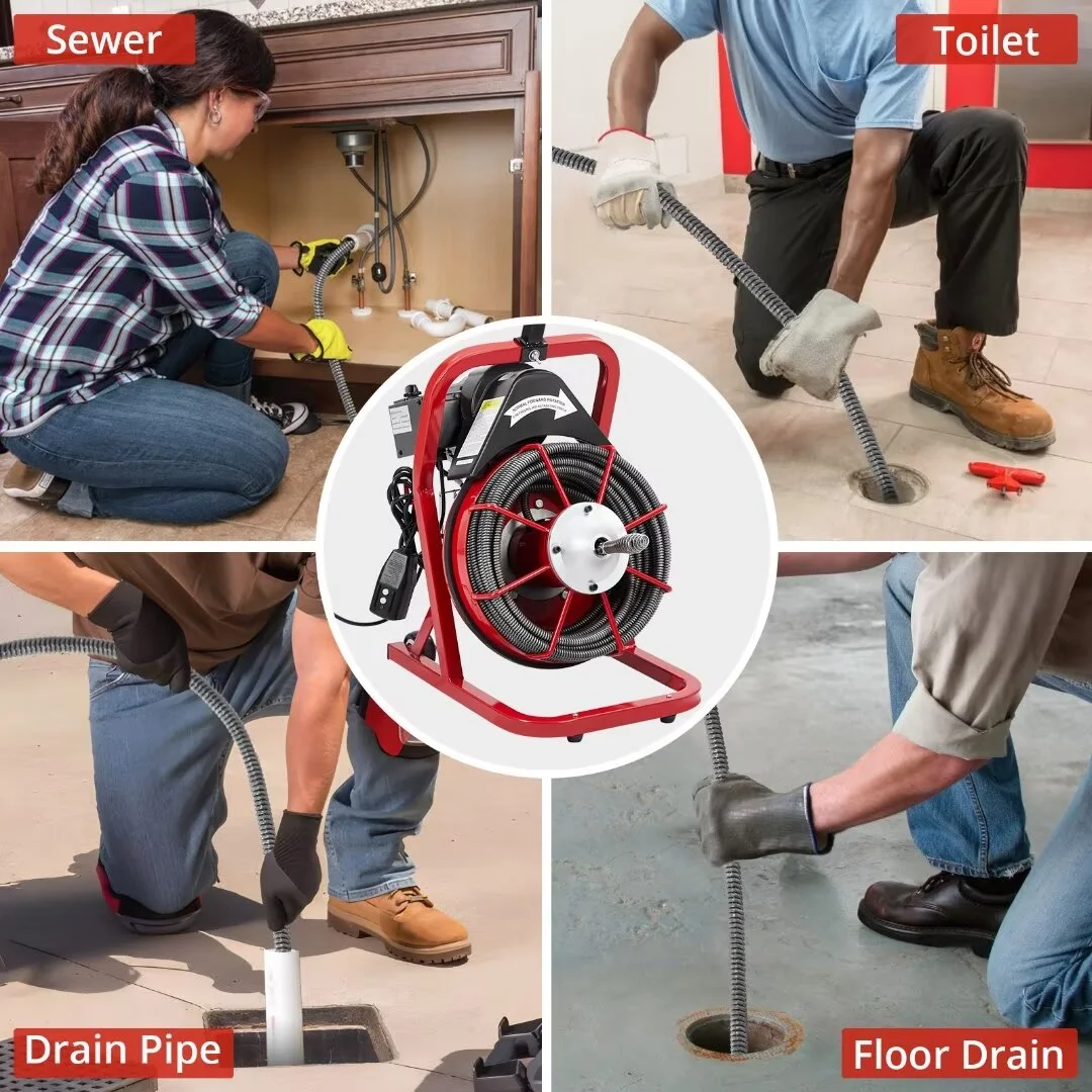 Drain Cleaner Machine 75 Ft X 1/2 Inch, Professional Electric Drain Auger Sewer Auger fits 1 to 4 Inch Pipes, Portable Electric Drain Snake with 4 Cutters & Foot Switch and Gloves