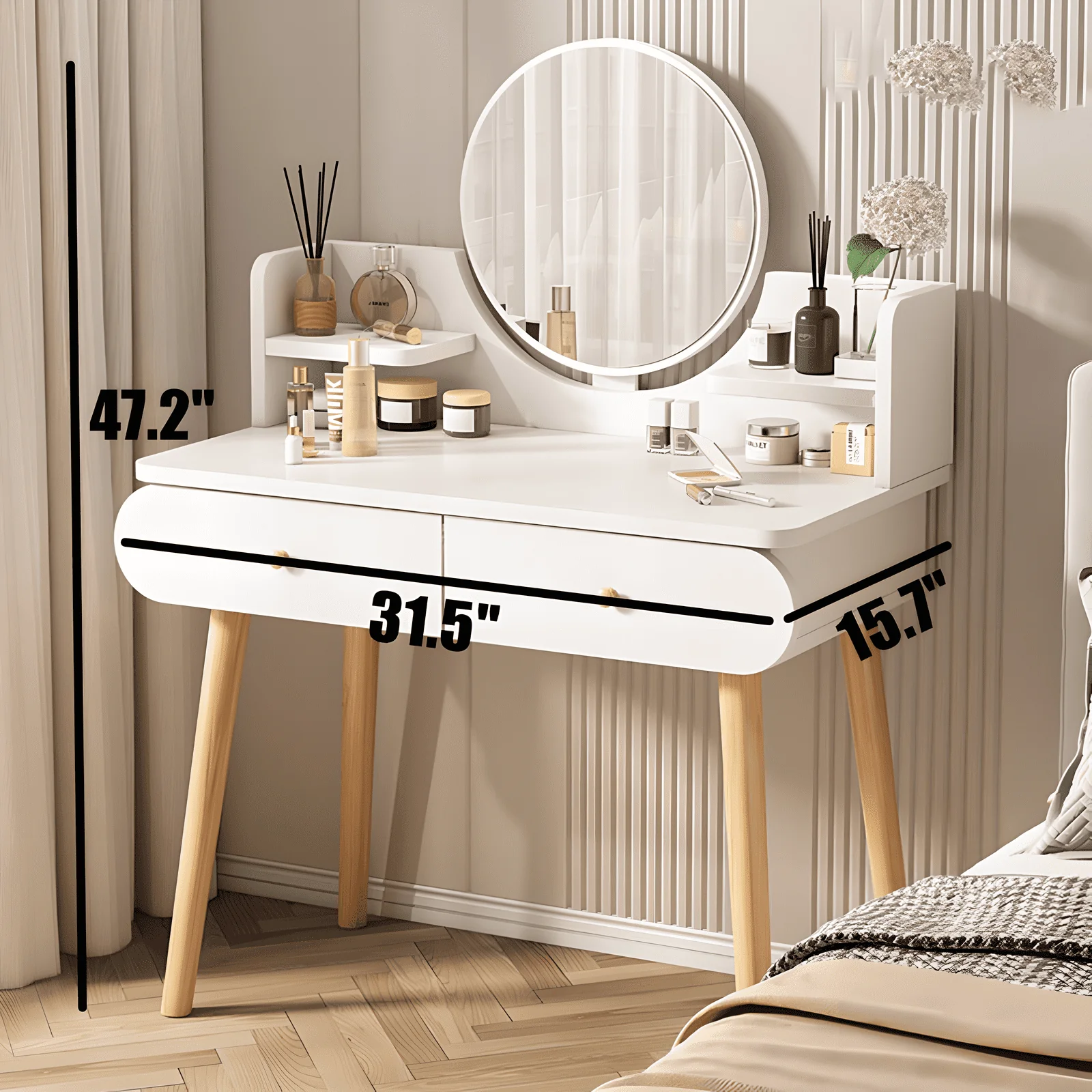 MIKOO Vanity Table Set with Mirror, Modern Makeup Vanity Dressing Desk with 2 Drawers & 2 Shelves ,White (Without Stool)