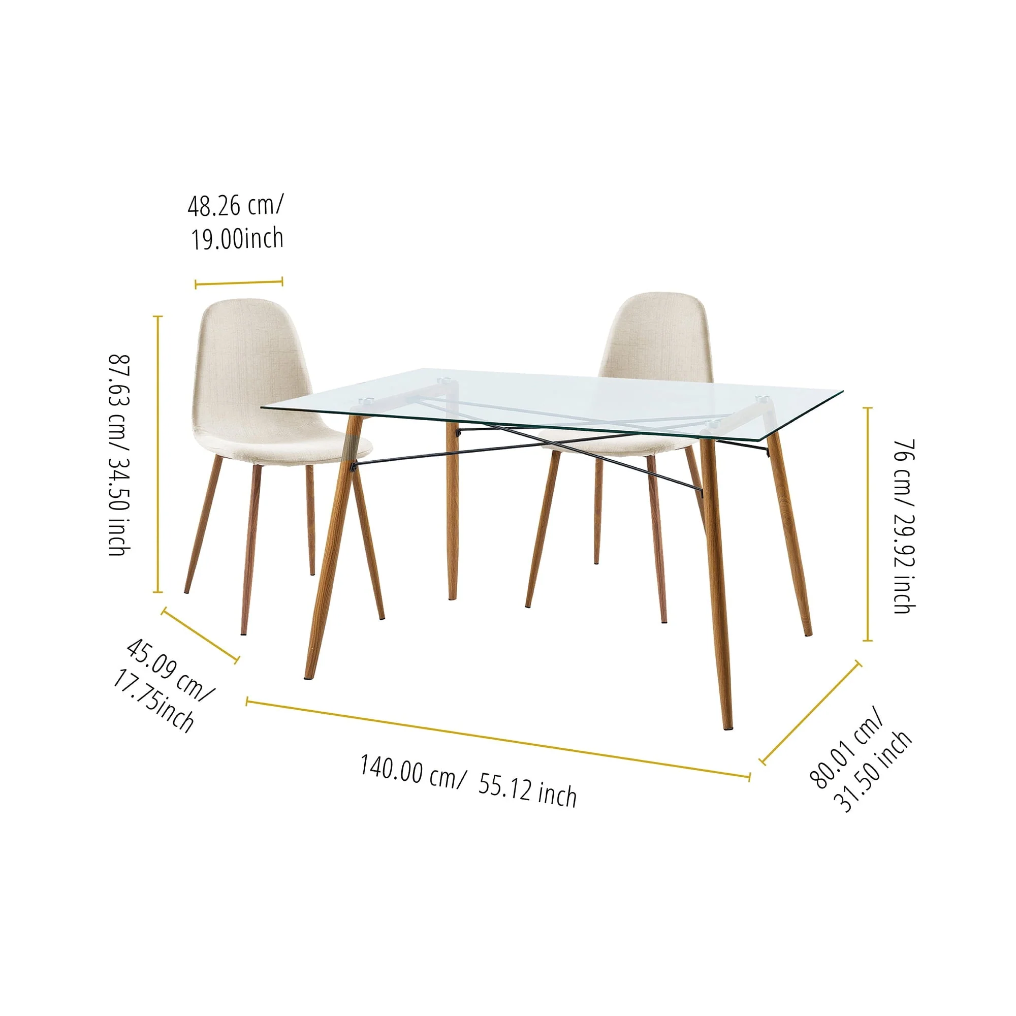 Teamson Home Minimalist Dining Chair with Wood Grain Metal Legs, Natural/White (Set of 2)