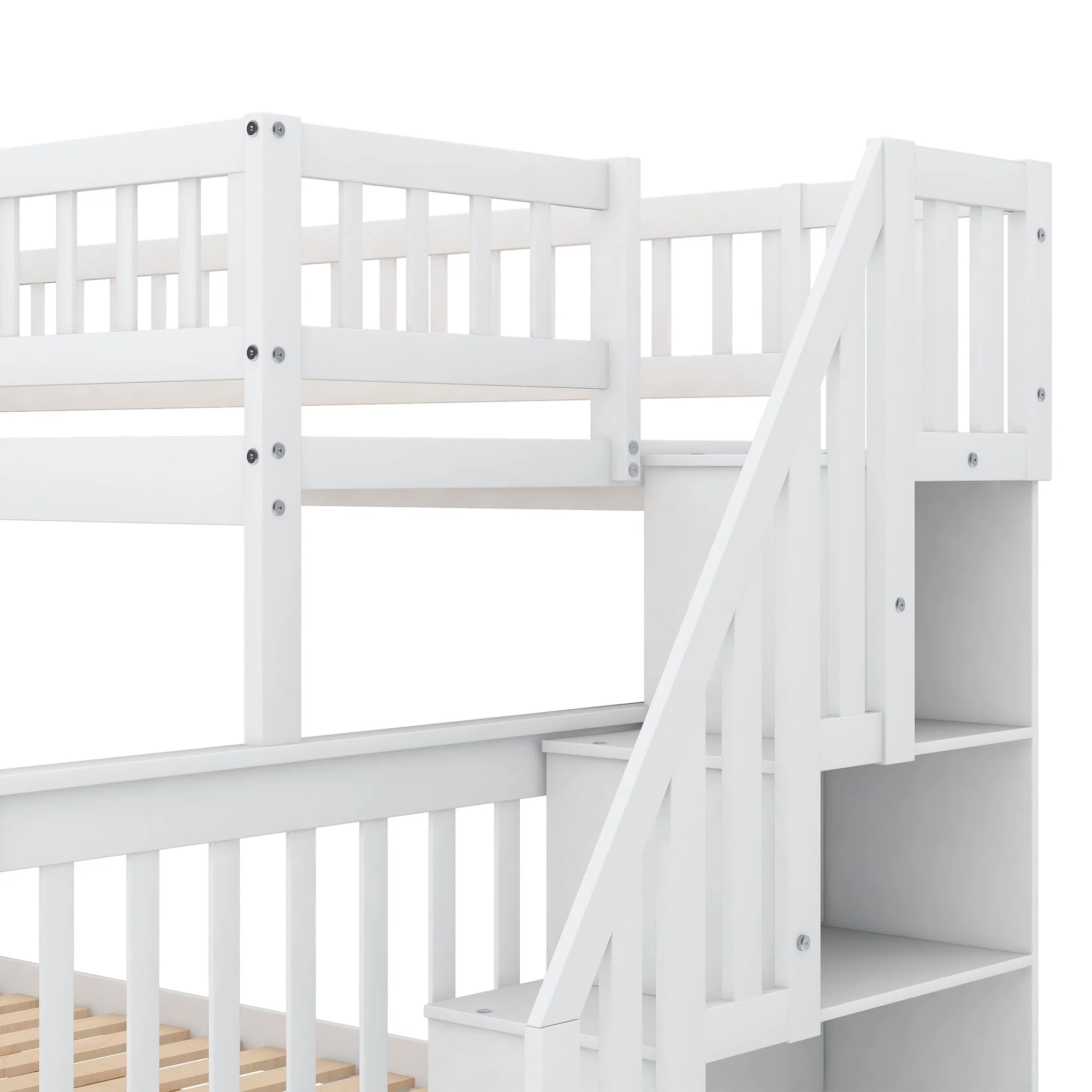 Twin over Full Bunk Bed with Stairs and Storage for Kids, White