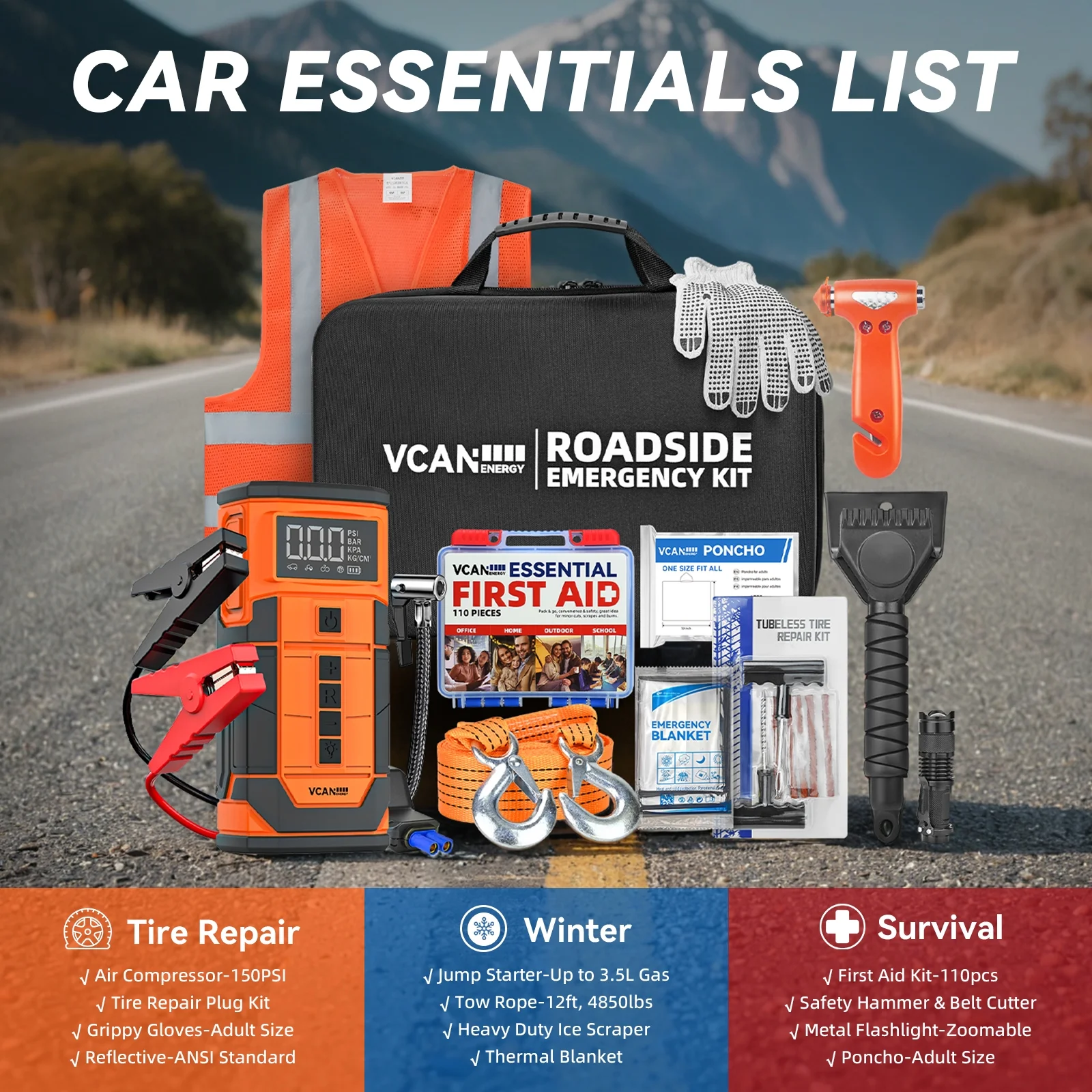 VCANENERGY 125-Piece Roadside Emergency Kit with Jump Starter & Air Compressor, 12V Portable Battery Booster and Tire Inflator for Cars, Trucks, SUVs